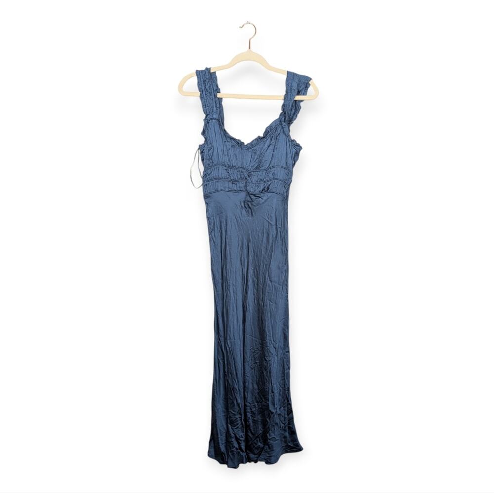 ASTR The Label Enola Slate Blue Satin Smocked Sleeveless Midi Dress Size S